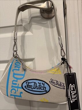 Von Dutch Beige Mini Shoulder Bag with Blue and Yellow Logo Accents